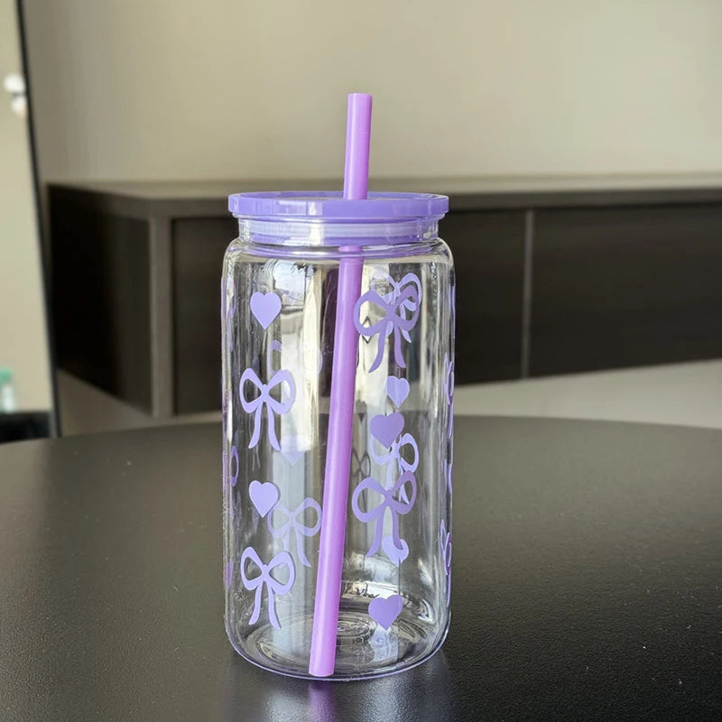 Kawaii Water Bottle Aesthetic Tumbler For Ice Coffee Juice Tea Cute Bowknot Plastic Cups With Straw Lid Portable Drinking Bottle