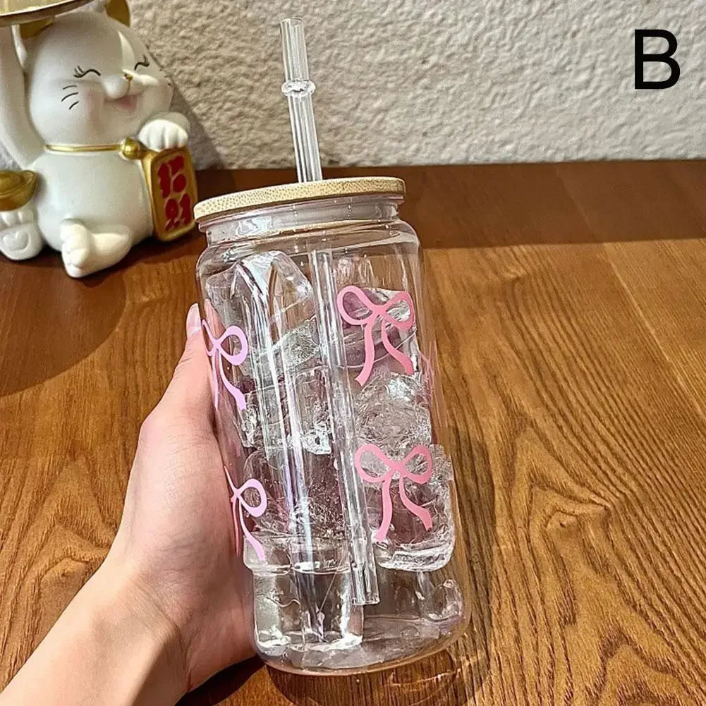 16oz Transparent Glass Tumbler Pink Bow Flower Sticker Drink Juice Cup Suitable For Hot And Cold Drinks In Summer D2V6
