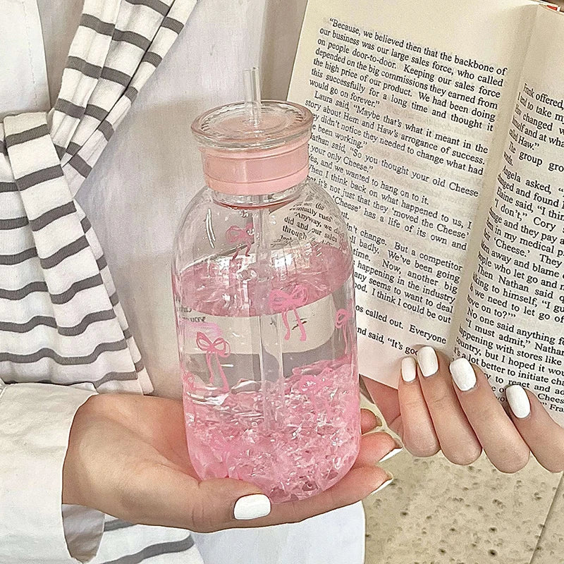 Cute Bowknot Plastic Cups With Straw Lid Portable Drinking Bottle Kawaii Water Bottle Aesthetic Tumbler For Ice Coffee Juice Tea