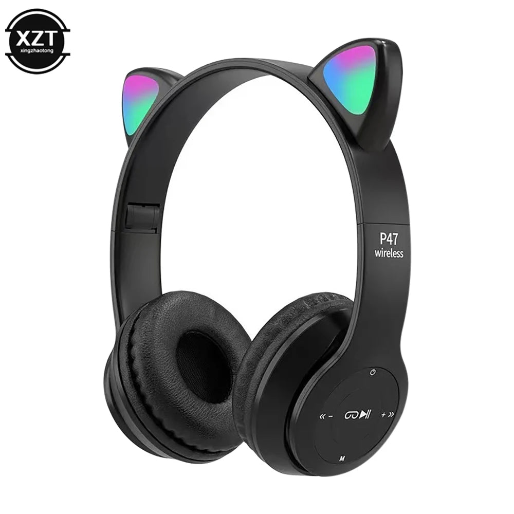 P47 Wireless Headphones Cute Cat Ears With Mic Control LED Kid Girl Stereo Music Helmet Phone Bluetooth Compatible Headset