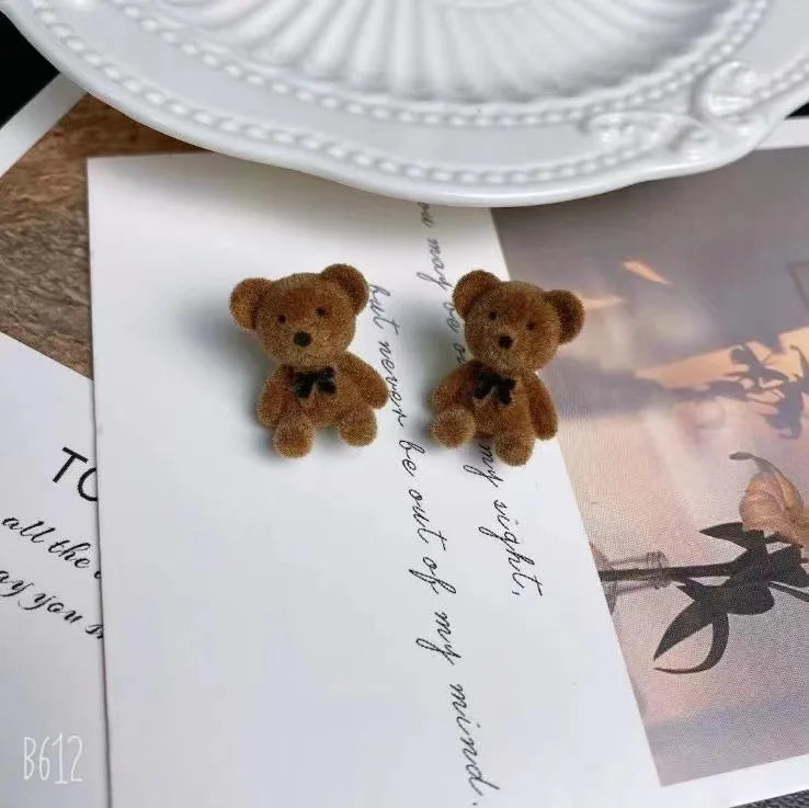 2PC Cute Flocking Plush Rabbit Bear Stud Earrings Kawaii Brown Khaki Animal Earrings For Women Girls Korean Earring Jewelry