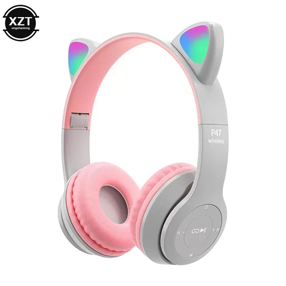 P47 Wireless Headphones Cute Cat Ears With Mic Control LED Kid Girl Stereo Music Helmet Phone Bluetooth Compatible Headset