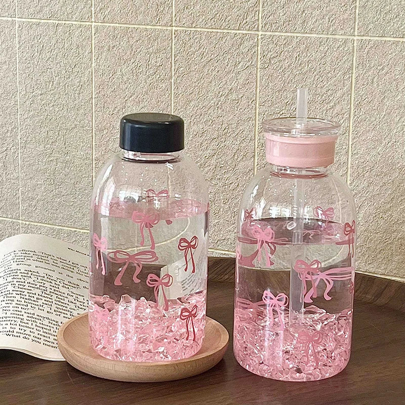 Cute Bowknot Plastic Cups With Straw Lid Portable Drinking Bottle Kawaii Water Bottle Aesthetic Tumbler For Ice Coffee Juice Tea