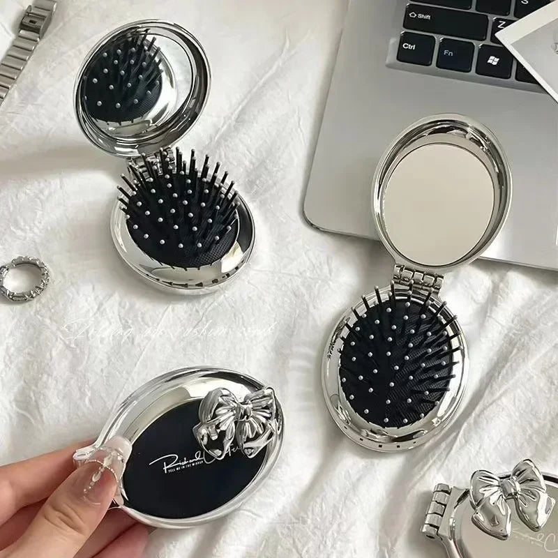 Silver Round Folding Comb with Mirrors Pocket Size Scalp Massage Comb Portable Hair Styling Brushes for Women Hairdressing Tools