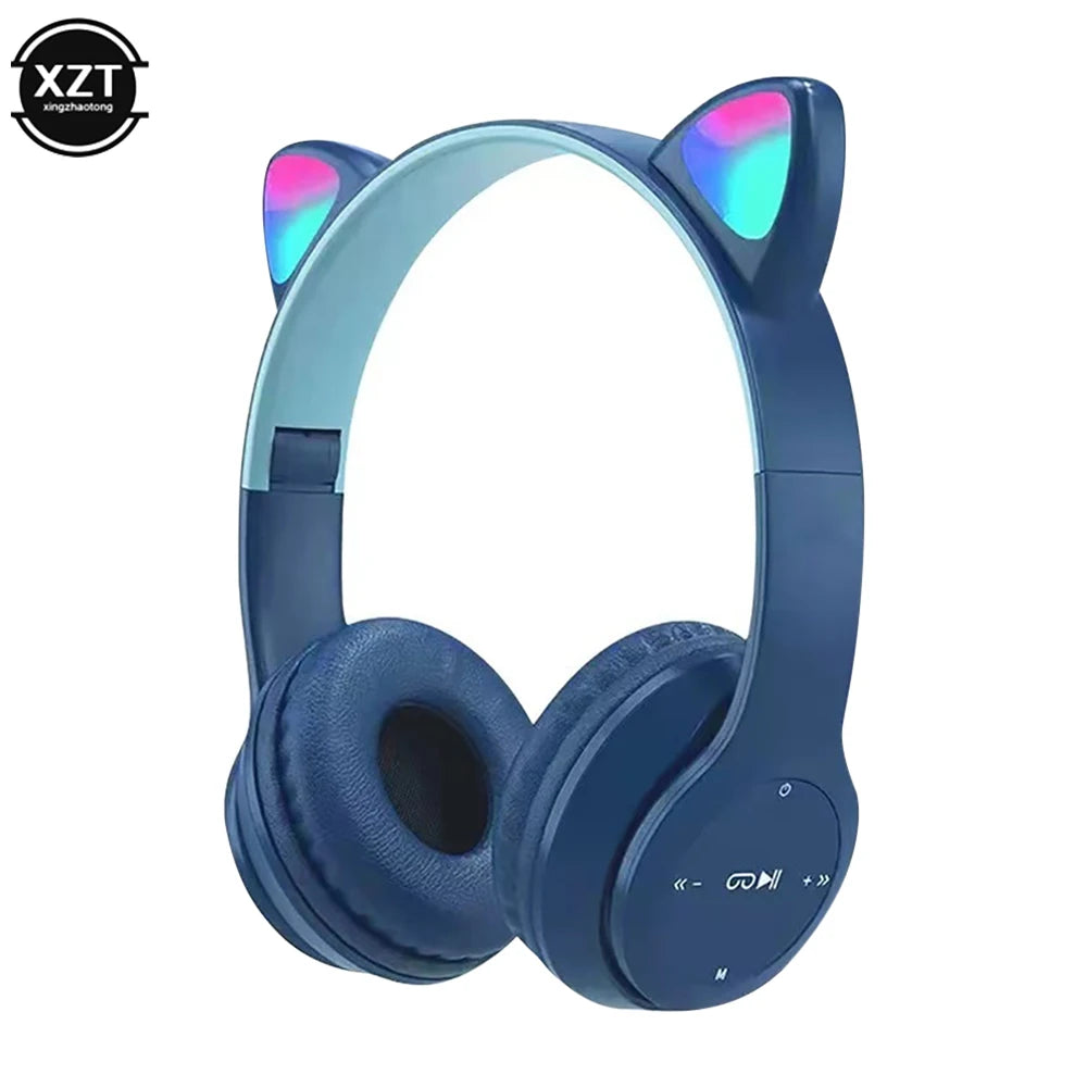 P47 Wireless Headphones Cute Cat Ears With Mic Control LED Kid Girl Stereo Music Helmet Phone Bluetooth Compatible Headset
