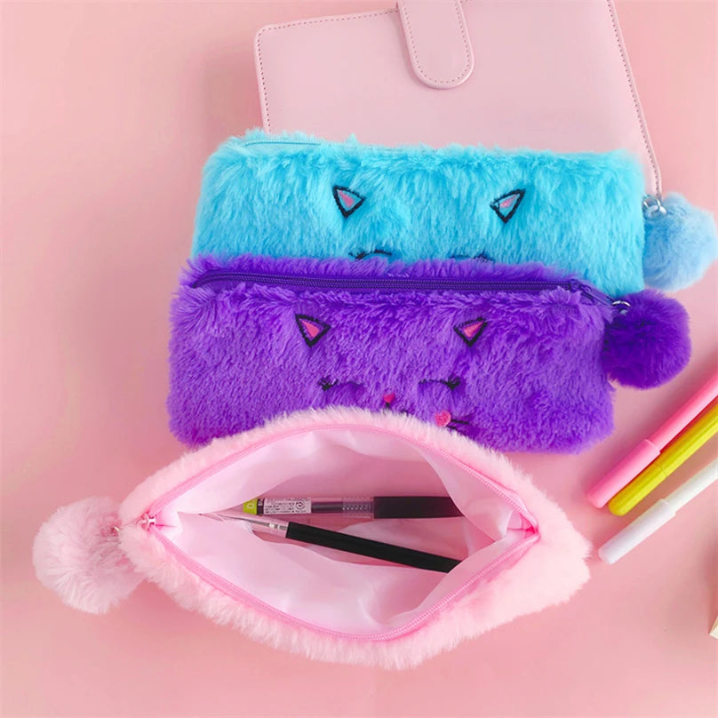 Cute Cat Pencil Case Plush Pencil Cases For Girls Trousse Scolaire Soft School Supplies Estuche Escolar Stationery Pencil Pouch