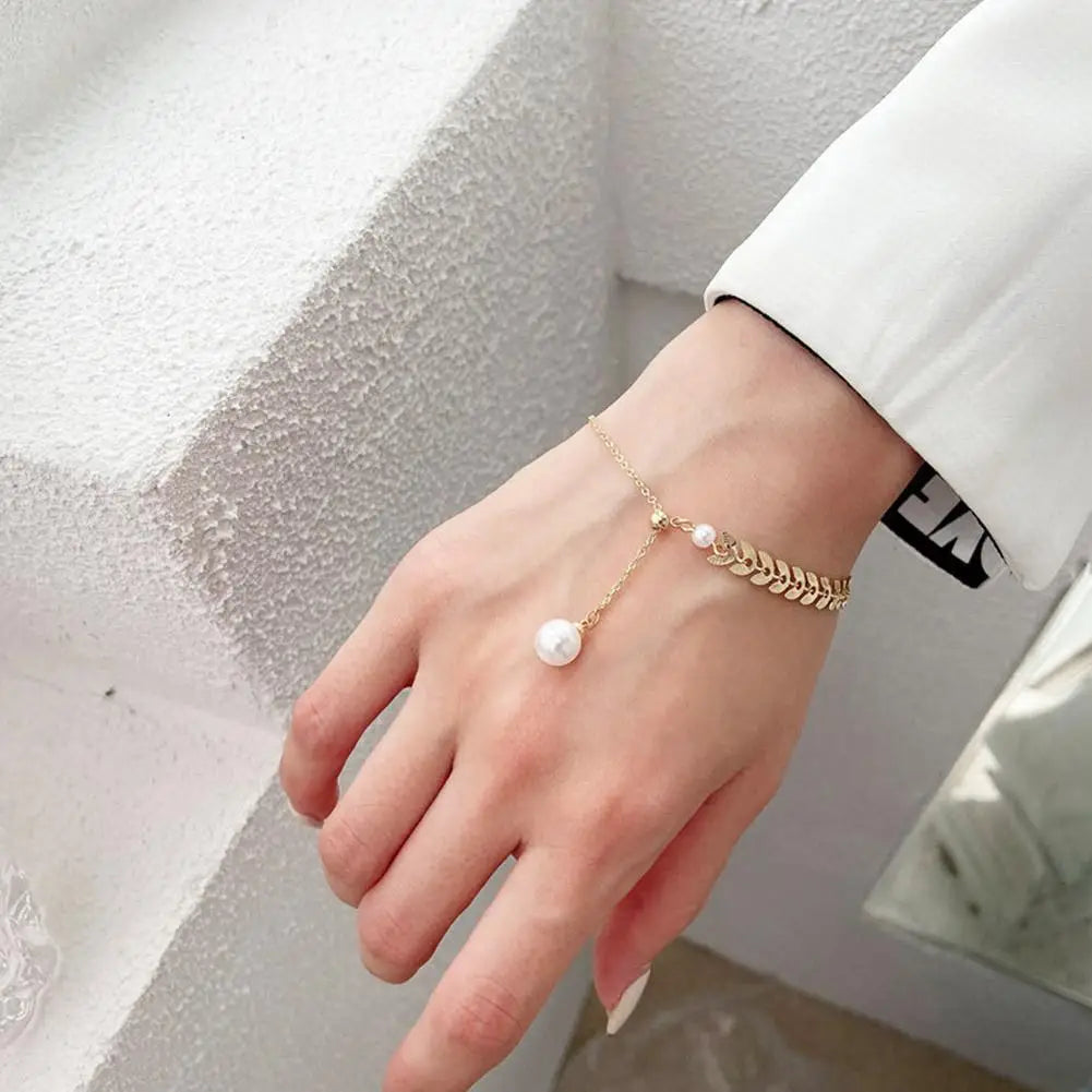 New Simple Wheat Ear Pearl Bracelet Necklace Earrings Jewelry Set for Women Temperament Lucky Gold Color Bracelet Charm Jewelry