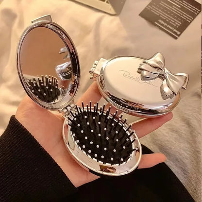 Silver Round Folding Comb with Mirrors Pocket Size Scalp Massage Comb Portable Hair Styling Brushes for Women Hairdressing Tools