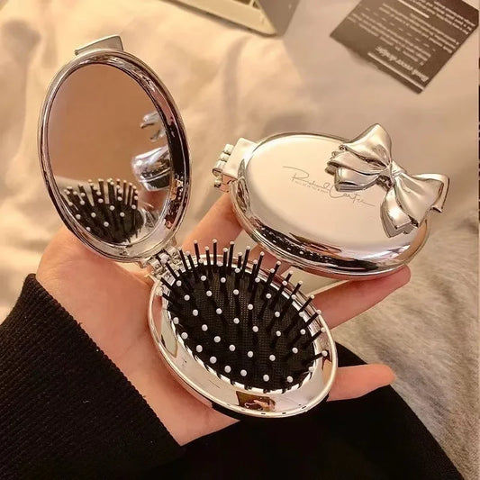 Silver Round Folding Comb with Mirrors Pocket Size Scalp Massage Comb Portable Hair Styling Brushes for Women Hairdressing Tools