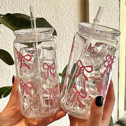 16oz Transparent Glass Tumbler Pink Bow Flower Sticker Drink Juice Cup Suitable For Hot And Cold Drinks In Summer D2V6