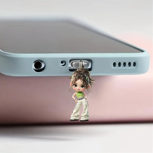 Cute Cool Girl Phone Dust Plug Type-C Port Cover For Iphone & Samsung Charm Decorative Hanging Pendant Accessory 2D Pringting