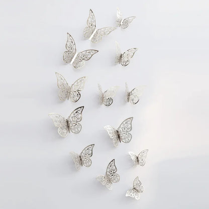 12Pcs 3D Hollow Butterfly Wall Stickers Gold Rose Gold Silver Butterflies Stickers for Wedding Birthday Home Room Decorations
