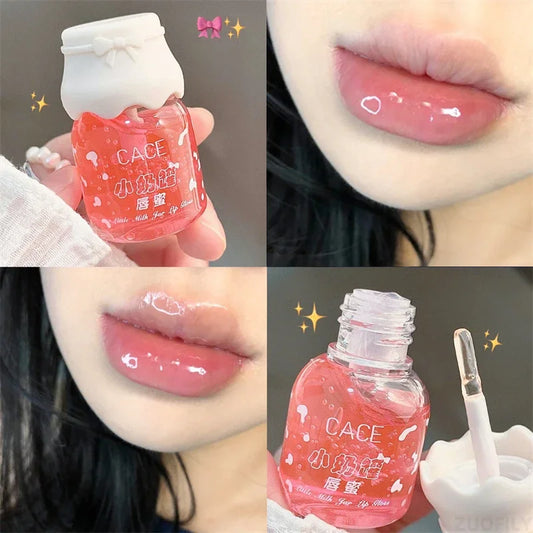 CACE Cute Milk Jar Lipgloss Lip Plumper Oil Moisturizing Lipstick Peach Colorless Glitter Lipgloss Long Lasting Lipgloss Makeup