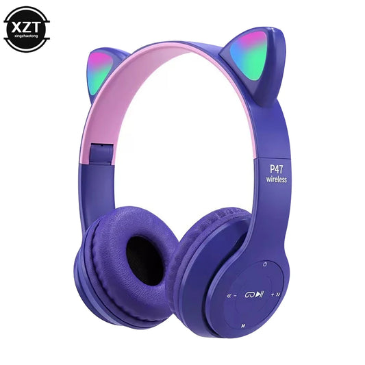 P47 Wireless Headphones Cute Cat Ears With Mic Control LED Kid Girl Stereo Music Helmet Phone Bluetooth Compatible Headset
