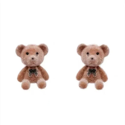 2PC Cute Flocking Plush Rabbit Bear Stud Earrings Kawaii Brown Khaki Animal Earrings For Women Girls Korean Earring Jewelry