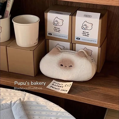Japanese Cute Cartoon Siamese Cat PuPu Bread Plush Pen Bag Large Capacity Kawaii Boy Girl Pencil Case Stationery School Supplies