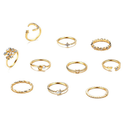 10Pcs Rings Suit For Women Gold-color Chain Ring Set Bohemian Style Coin Leaf Snake Moon Star Party Trend Gift Jewelry