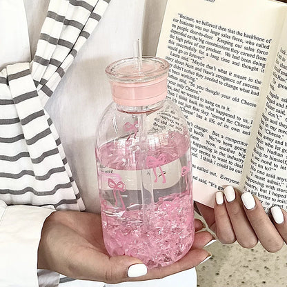 Cute Bowknot Plastic Cups With Straw Lid Portable Drinking Bottle Kawaii Water Bottle Aesthetic Tumbler For Ice Coffee Juice Tea