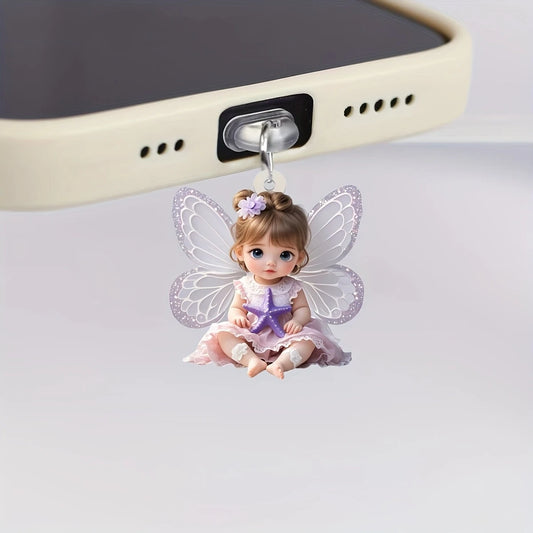 2D Flat Acrylic Angel Fairy Cat Phone Dust Plug Decorative Accessories For Iphone Type-C Interface Dust Plug Hanging Decoration