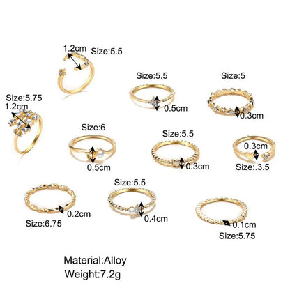 10Pcs Rings Suit For Women Gold-color Chain Ring Set Bohemian Style Coin Leaf Snake Moon Star Party Trend Gift Jewelry