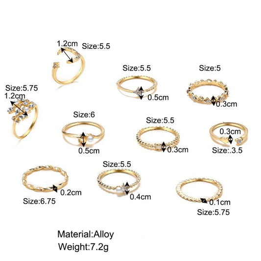 10Pcs Rings Suit For Women Gold-color Chain Ring Set Bohemian Style Coin Leaf Snake Moon Star Party Trend Gift Jewelry