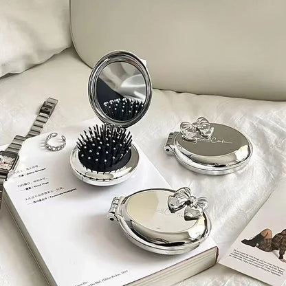 Silver Round Folding Comb with Mirrors Pocket Size Scalp Massage Comb Portable Hair Styling Brushes for Women Hairdressing Tools