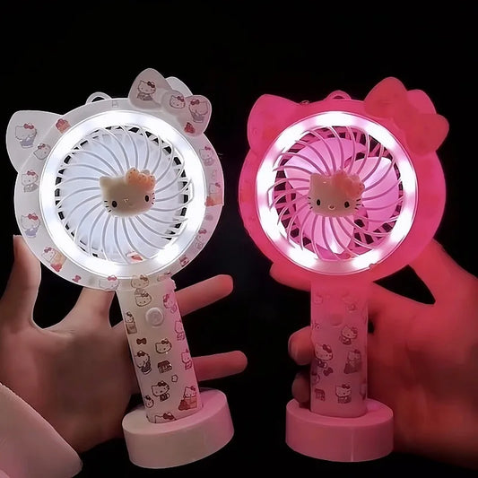 Kawaii Hello Kitty Small Fan with Light Anime Kt Cute Cartoon USB Charging Fan Travel Portable Handheld Fan Toys Girls Kids Gift
