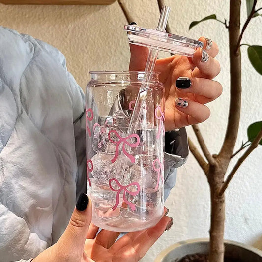 16oz Transparent Glass Tumbler Pink Bow Flower Sticker Drink Juice Cup Suitable For Hot And Cold Drinks In Summer D2V6