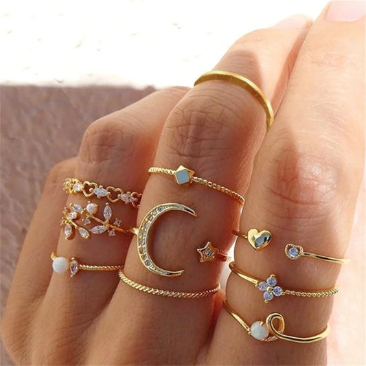 10Pcs Rings Suit For Women Gold-color Chain Ring Set Bohemian Style Coin Leaf Snake Moon Star Party Trend Gift Jewelry