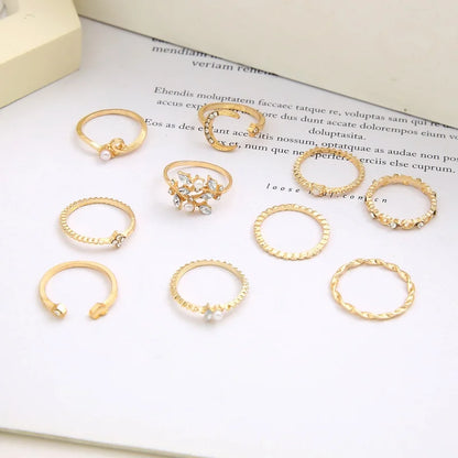 10Pcs Rings Suit For Women Gold-color Chain Ring Set Bohemian Style Coin Leaf Snake Moon Star Party Trend Gift Jewelry