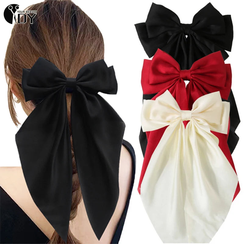 Bow Ribbon Hair Clip Women Solid Color Satin Ribbon Long Big Bows Hairpin Bowknot Barrettes Hair Accessories For Girls