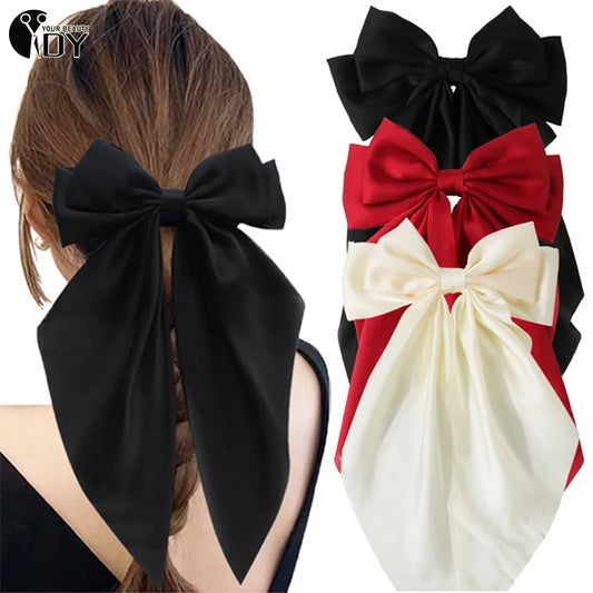 Bow Ribbon Hair Clip Women Solid Color Satin Ribbon Long Big Bows Hairpin Bowknot Barrettes Hair Accessories For Girls