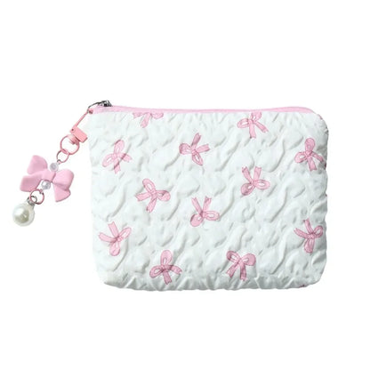 Pleated Bow Cosmetic Bag | Cotton Makeup Bag for Women Quilted Travel Girls' Make Up Organizer Portable Little Bow Makeup Pouch