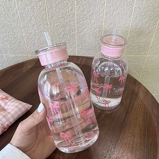 Cute Bowknot Plastic Cups With Straw Lid Portable Drinking Bottle Kawaii Water Bottle Aesthetic Tumbler For Ice Coffee Juice Tea