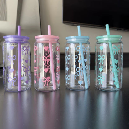 Kawaii Water Bottle Aesthetic Tumbler For Ice Coffee Juice Tea Cute Bowknot Plastic Cups With Straw Lid Portable Drinking Bottle