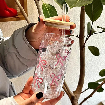 16oz Transparent Glass Tumbler Pink Bow Flower Sticker Drink Juice Cup Suitable For Hot And Cold Drinks In Summer D2V6