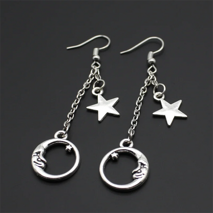 Fashion Classic Geometric Girl Star Moon Ear Hook Chain Crescent Alloy Pendant Female Earring Jewelry Gift