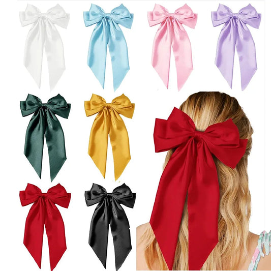 Bow Ribbon Hair Clip Women Solid Color Satin Ribbon Long Big Bows Hairpin Bowknot Barrettes Hair Accessories For Girls
