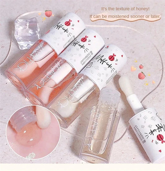 Transparent Honey Lip Oil Long-Lasting Moisturizing Lip Gloss Blam Fades Lip Lines Lipgloss with Big Brush Head Peach Milk Taste