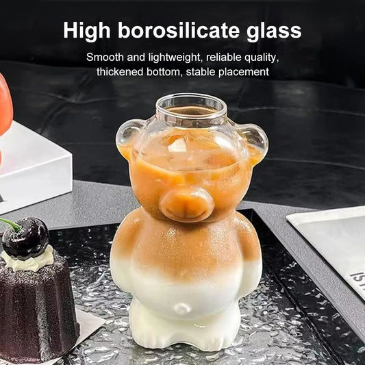 320ML Bear Shaped Glass Cup with Straw Transparent Coffee Mug Wine Glass Milk Tea Cup for Home Party Bar Restaurant Xmas Gift