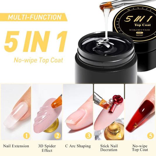 MTSSII 8ml 5 IN 1 No-wipe Top Coat Reinforcement Gel Nail Polish Efficient Function Adhesive Water Nail Art Gel DIY Design