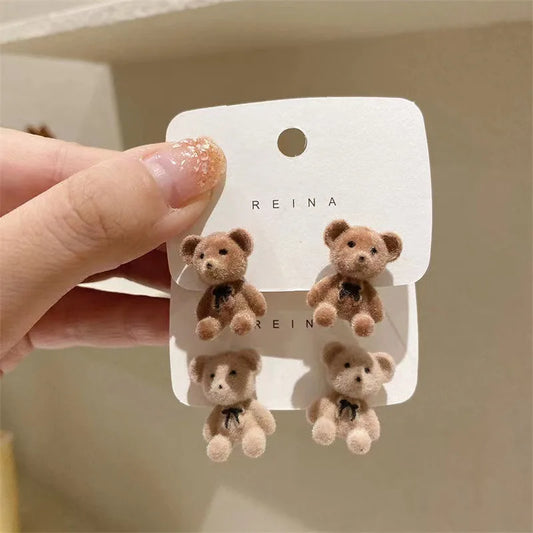 2PC Cute Flocking Plush Rabbit Bear Stud Earrings Kawaii Brown Khaki Animal Earrings For Women Girls Korean Earring Jewelry