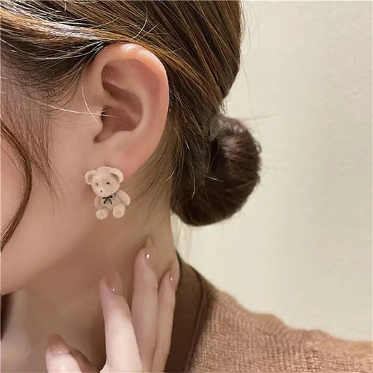 2PC Cute Flocking Plush Rabbit Bear Stud Earrings Kawaii Brown Khaki Animal Earrings For Women Girls Korean Earring Jewelry