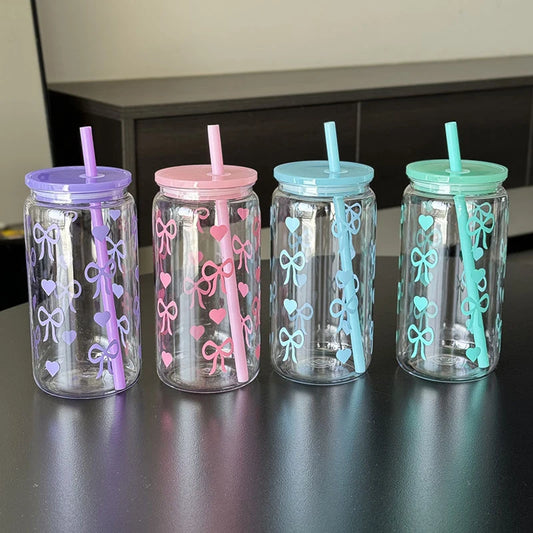 Kawaii Water Bottle Aesthetic Tumbler For Ice Coffee Juice Tea Cute Bowknot Plastic Cups With Straw Lid Portable Drinking Bottle