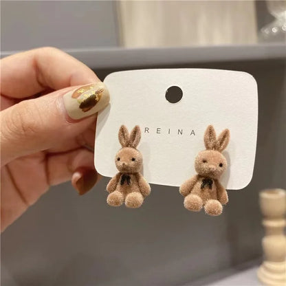 2PC Cute Flocking Plush Rabbit Bear Stud Earrings Kawaii Brown Khaki Animal Earrings For Women Girls Korean Earring Jewelry