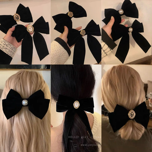 Vintage Big Large Velvet Bow Hairpins Barrettes For Women Girls Wedding Long Ribbon Korean Hair Clip Hairgrip Hair Accessories