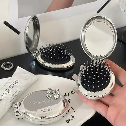 Silver Round Folding Comb with Mirrors Pocket Size Scalp Massage Comb Portable Hair Styling Brushes for Women Hairdressing Tools