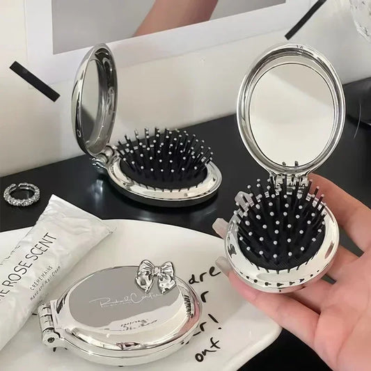 Silver Round Folding Comb with Mirrors Pocket Size Scalp Massage Comb Portable Hair Styling Brushes for Women Hairdressing Tools