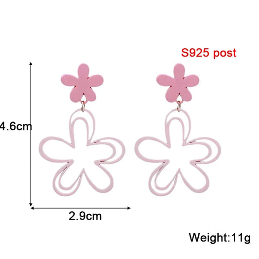 Sweet Pink Flower Women's Earrings Double-layers Hollow Floral Pendants Hanging Earrings for Female Korean New Fashion Jewelry