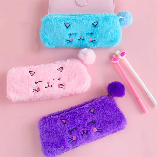 Cute Cat Pencil Case Plush Pencil Cases For Girls Trousse Scolaire Soft School Supplies Estuche Escolar Stationery Pencil Pouch